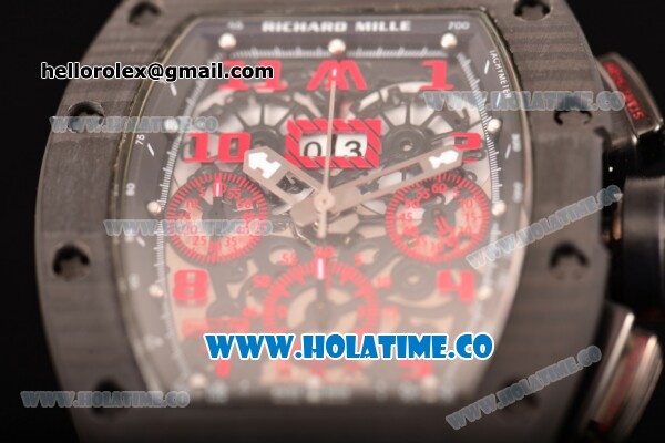 Richard Mille RM 011 Felipe Massa Flyback Chronograph Swiss Valjoux 7750 Automatic Carbon Fiber Case with Skeleton Dial and Red Markers - 1:1 Original - Click Image to Close